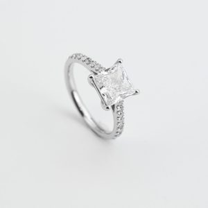 Princess-Cut Pavé-Band Diamond Solitaire Ring