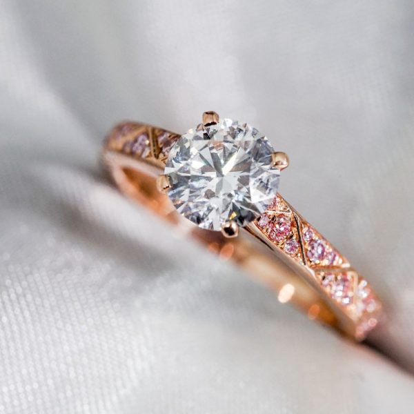 Round Brilliant Pink-Accent Diamond Solitaire Ring